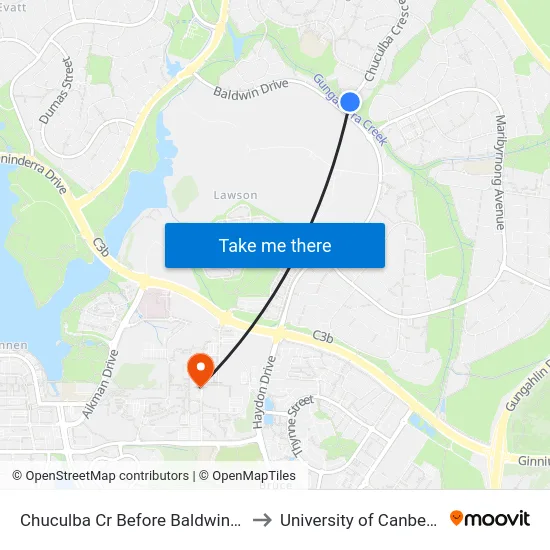 Chuculba Cr Before Baldwin Dr to University of Canberra map