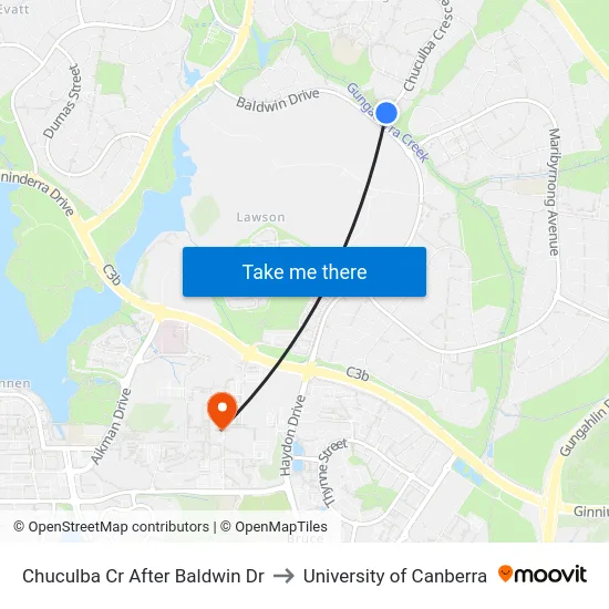 Chuculba Cr After Baldwin Dr to University of Canberra map