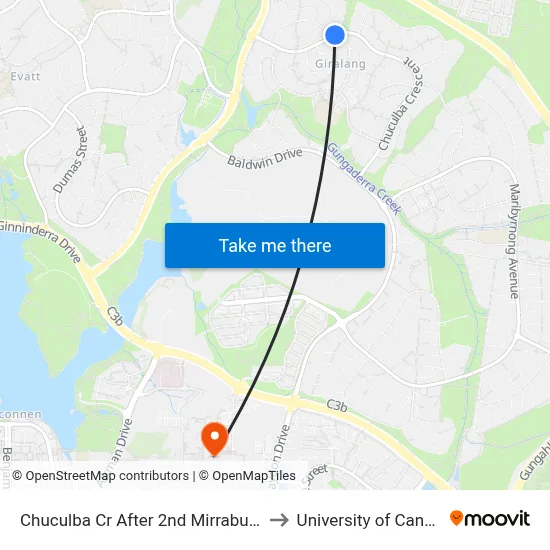 Chuculba Cr After 2nd Mirrabucca Cr to University of Canberra map