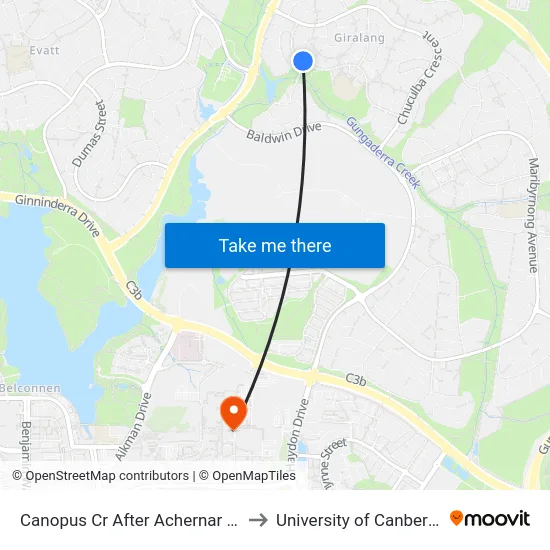 Canopus Cr After Achernar Cl to University of Canberra map