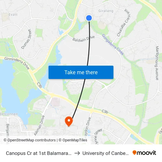 Canopus Cr at 1st Balamara St to University of Canberra map