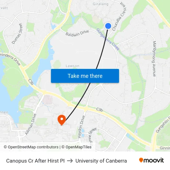 Canopus Cr After Hirst Pl to University of Canberra map