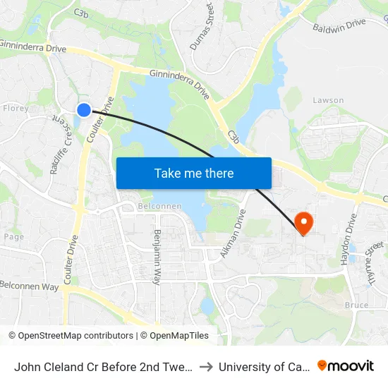 John Cleland Cr Before 2nd Twelvetrees Cr to University of Canberra map