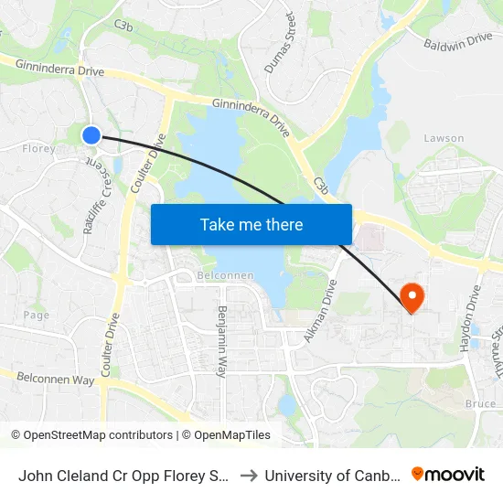 John Cleland Cr Opp Florey Shops to University of Canberra map