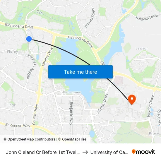 John Cleland Cr Before 1st Twelvetrees Cr to University of Canberra map