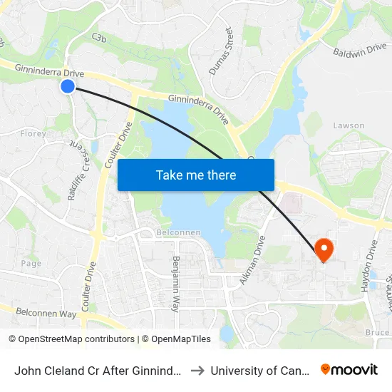John Cleland Cr After Ginninderra Dr to University of Canberra map