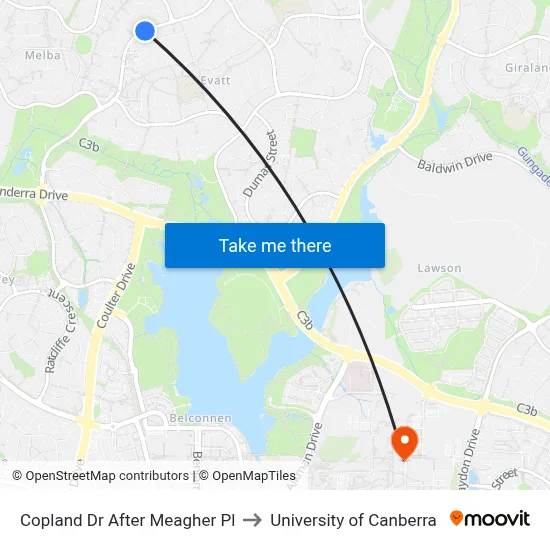 Copland Dr After Meagher Pl to University of Canberra map