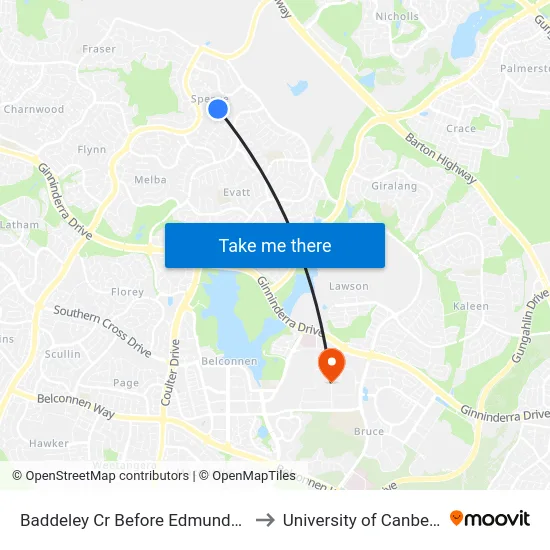 Baddeley Cr Before Edmunds Pl to University of Canberra map