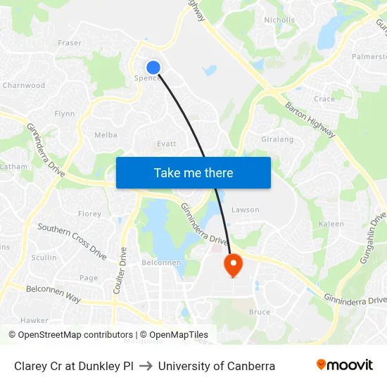 Clarey Cr at Dunkley Pl to University of Canberra map
