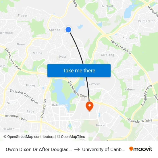 Owen Dixon Dr After Douglass St to University of Canberra map