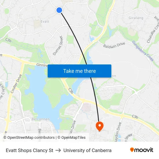 Evatt Shops Clancy St to University of Canberra map