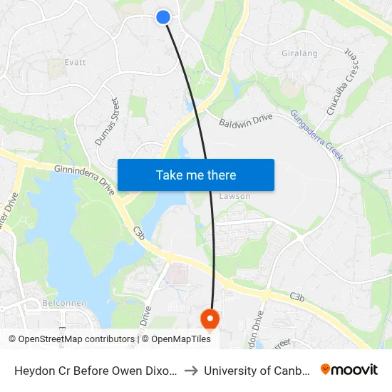 Heydon Cr Before Owen Dixon Dr to University of Canberra map