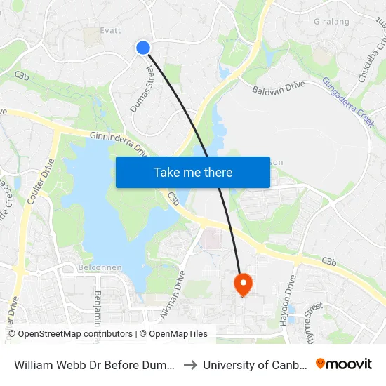 William Webb Dr Before Dumas St to University of Canberra map