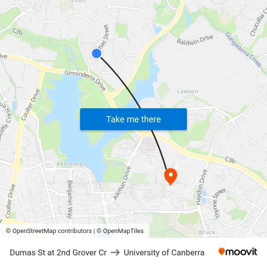 Dumas St at 2nd Grover Cr to University of Canberra map