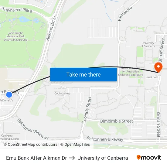 Emu Bank After Aikman Dr to University of Canberra map