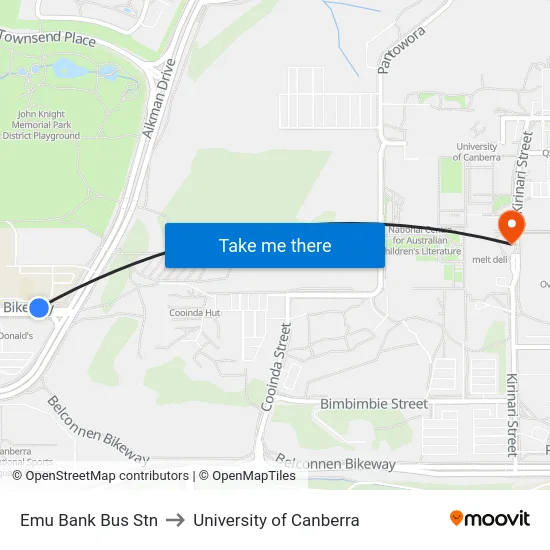 Emu Bank Bus Stn to University of Canberra map