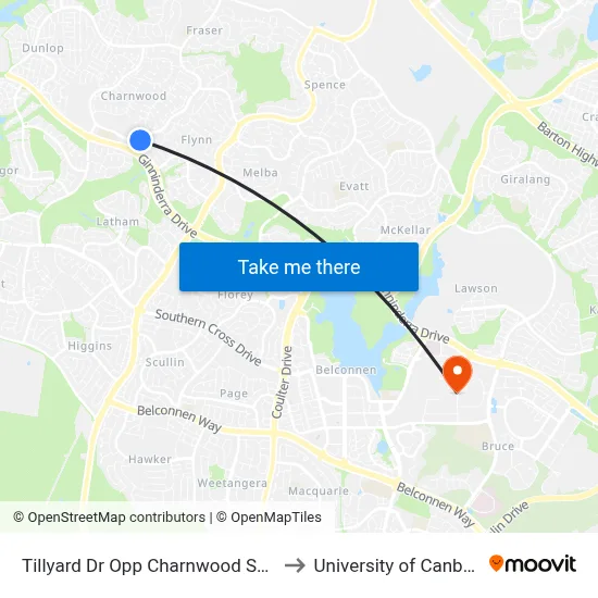 Tillyard Dr Opp Charnwood Shops to University of Canberra map