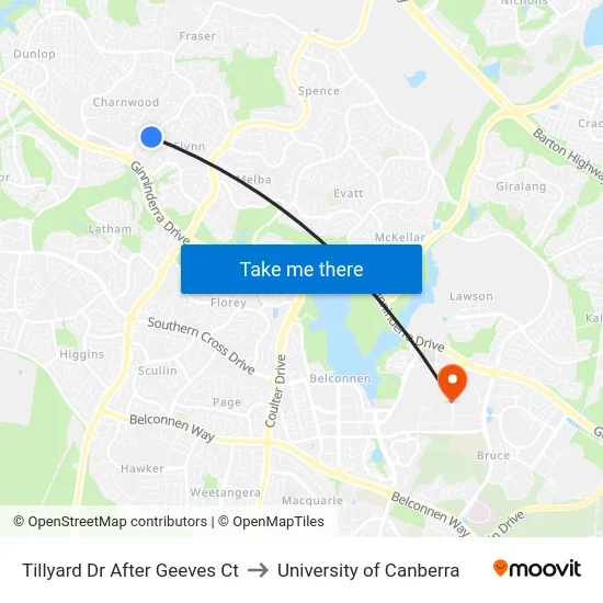 Tillyard Dr After Geeves Ct to University of Canberra map