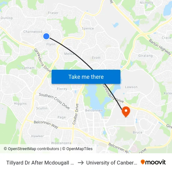 Tillyard Dr After Mcdougall St to University of Canberra map