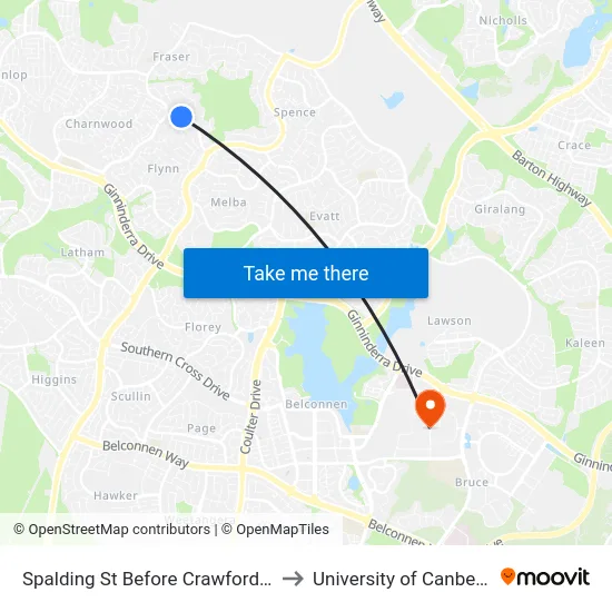 Spalding St Before Crawford Cr to University of Canberra map