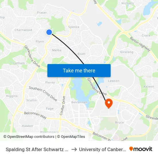 Spalding St After Schwartz Pl to University of Canberra map