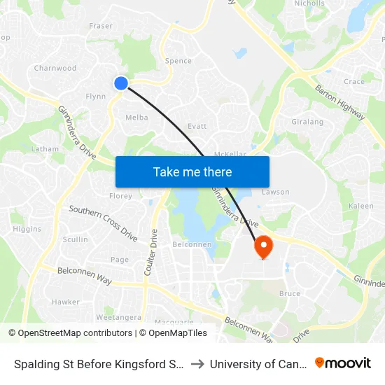 Spalding St Before Kingsford Smith Dr to University of Canberra map
