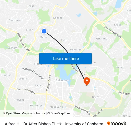 Alfred Hill Dr After Bishop Pl to University of Canberra map