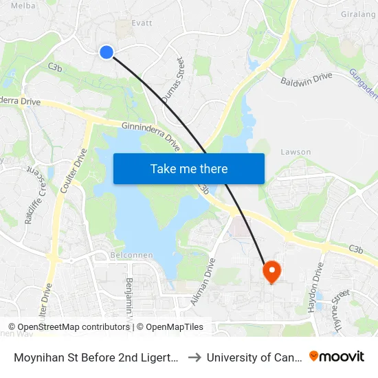 Moynihan St Before 2nd Ligertwood St to University of Canberra map