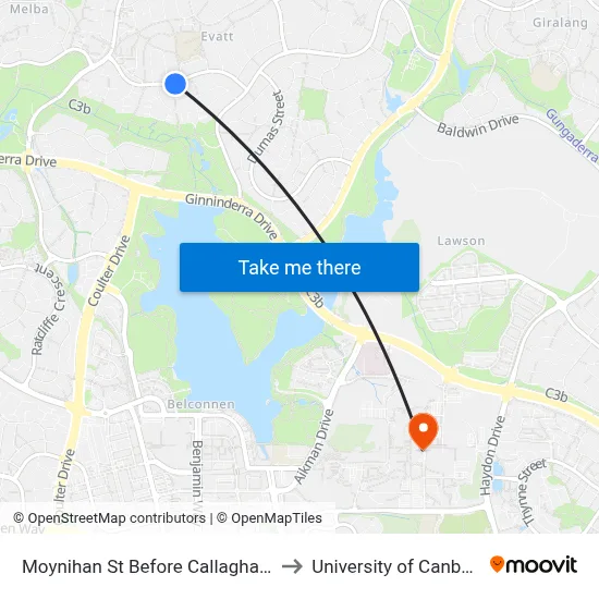 Moynihan St Before Callaghan St to University of Canberra map