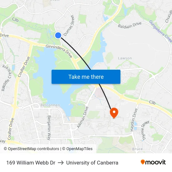169 William Webb Dr to University of Canberra map