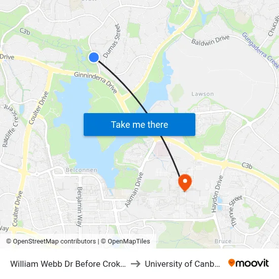 William Webb Dr Before Croke Pl to University of Canberra map