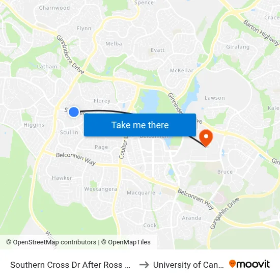 Southern Cross Dr After Ross Smith Cr to University of Canberra map