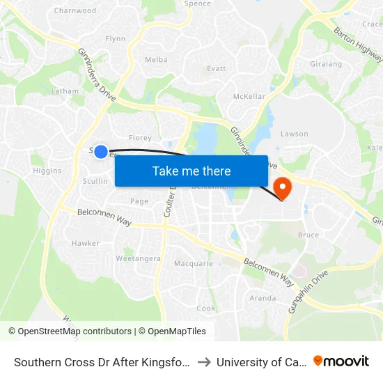 Southern Cross Dr After Kingsford Smith Dr to University of Canberra map