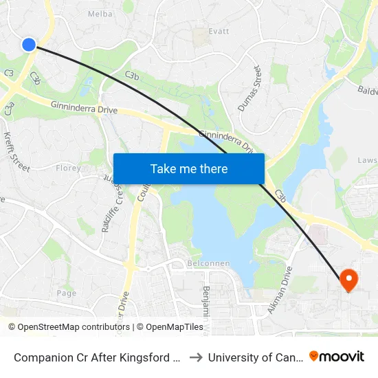 Companion Cr After Kingsford Smith Dr to University of Canberra map