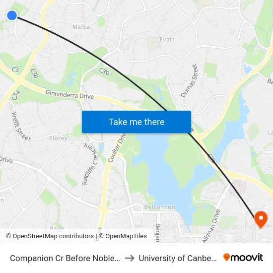 Companion Cr Before Noble Pl to University of Canberra map