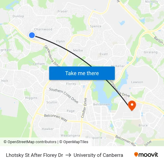 Lhotsky St After Florey Dr to University of Canberra map