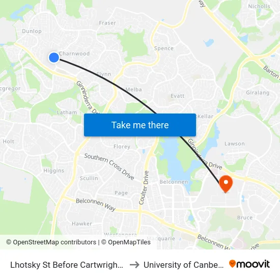 Lhotsky St Before Cartwright St to University of Canberra map