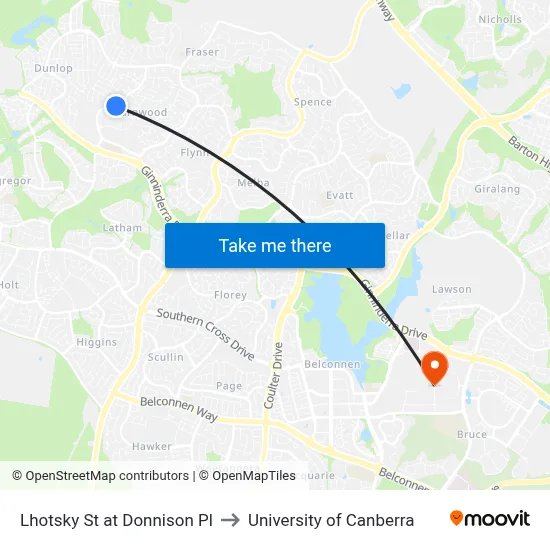Lhotsky St at Donnison Pl to University of Canberra map