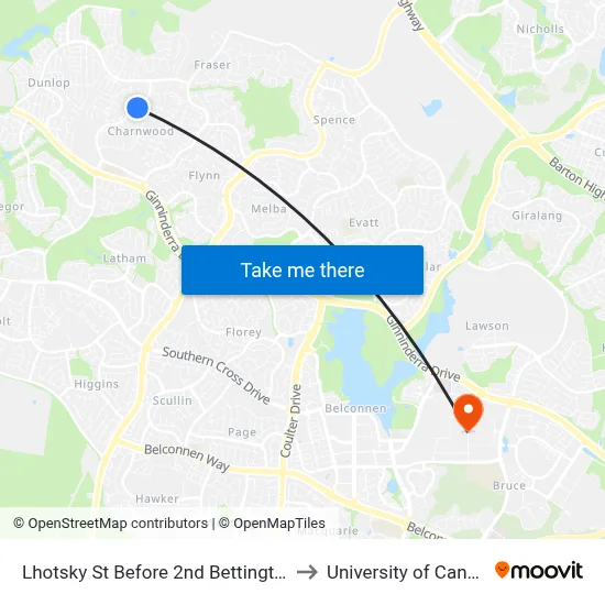 Lhotsky St Before 2nd Bettington Cct to University of Canberra map