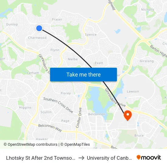 Lhotsky St After 2nd Townson Cr to University of Canberra map