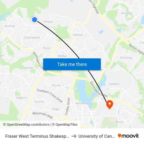 Fraser West Terminus Shakespeare Cr to University of Canberra map