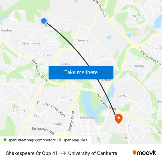 Shakespeare Cr Opp 41 to University of Canberra map