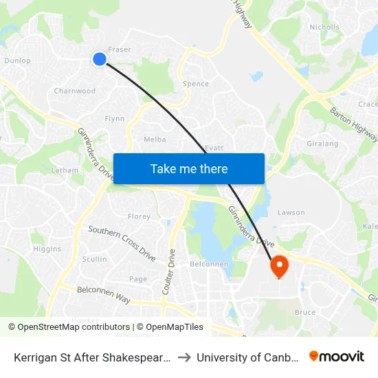 Kerrigan St After Shakespeare Cr to University of Canberra map