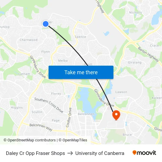 Daley Cr Opp Fraser Shops to University of Canberra map