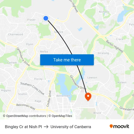 Bingley Cr at Nish Pl to University of Canberra map