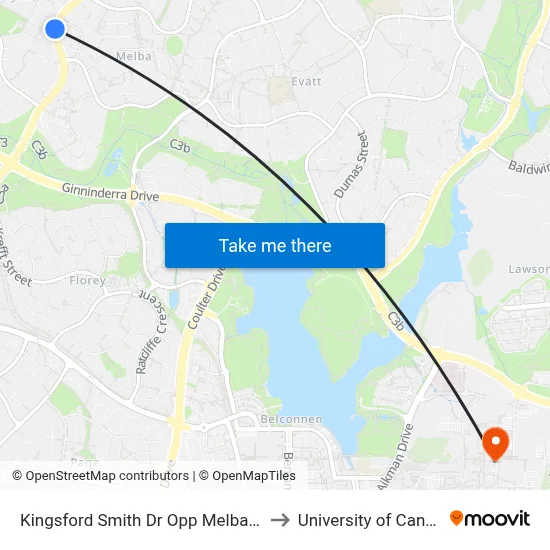 Kingsford Smith Dr Opp Melba Shops to University of Canberra map