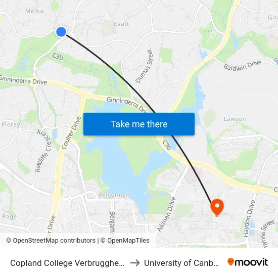 Copland College Verbrugghen St to University of Canberra map
