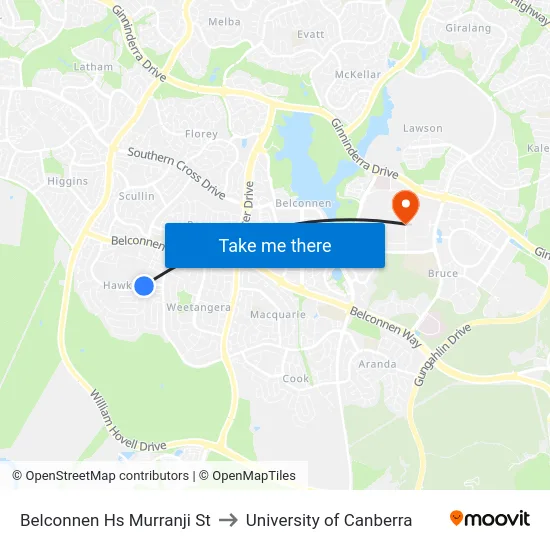 Belconnen Hs Murranji St to University of Canberra map