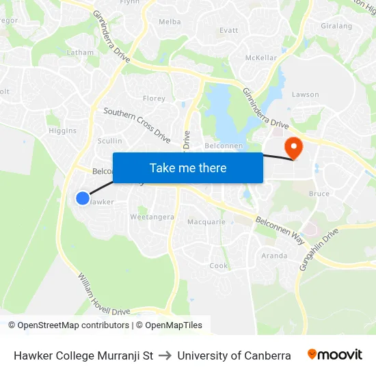 Hawker College Murranji St to University of Canberra map