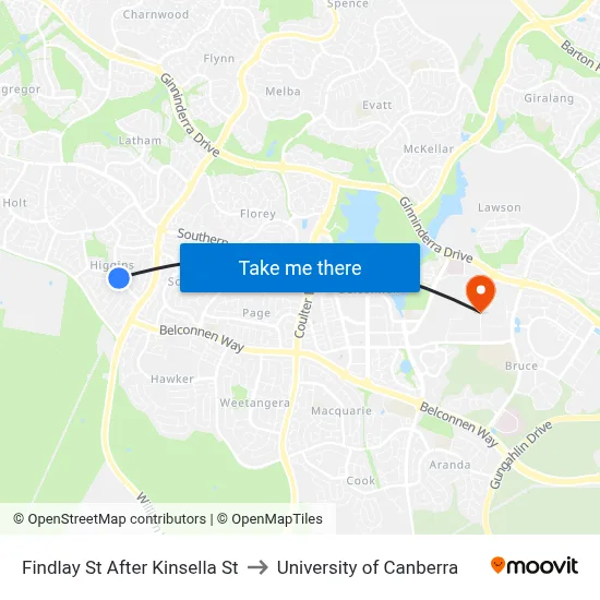 Findlay St After Kinsella St to University of Canberra map